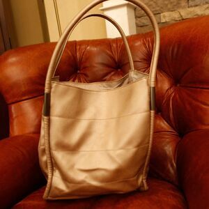 Neiman Marcus Metallic Gold Leather Tote Shoulder Bag Slouchy Large Carryall